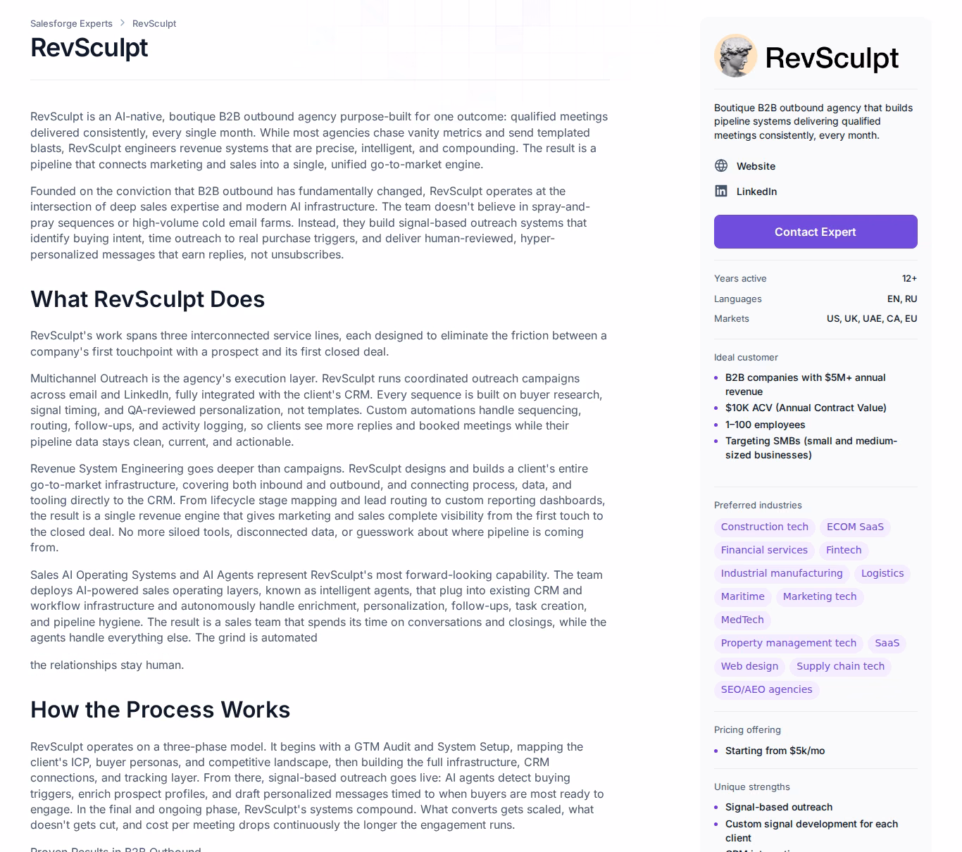 RevSculpt Forge Expert profile page on salesforge.ai describing signal-based outreach, markets, industries and pricing from $5k a month