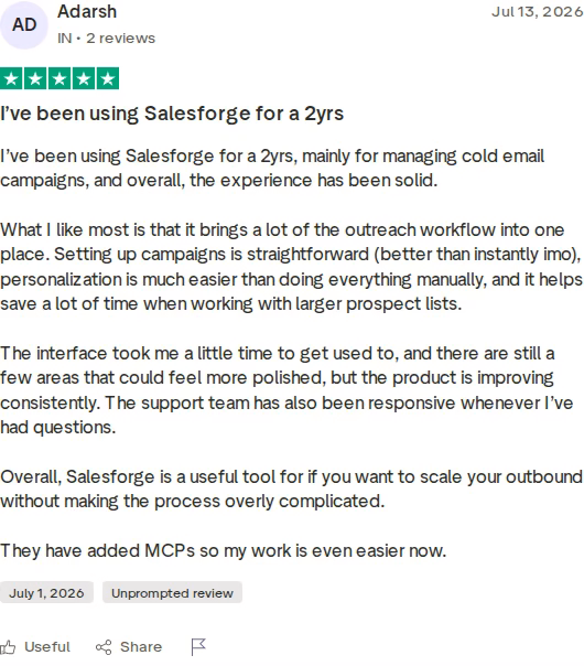 Five-star Trustpilot review of Salesforge by Adarsh, July 13, 2026, marked as an unprompted review
