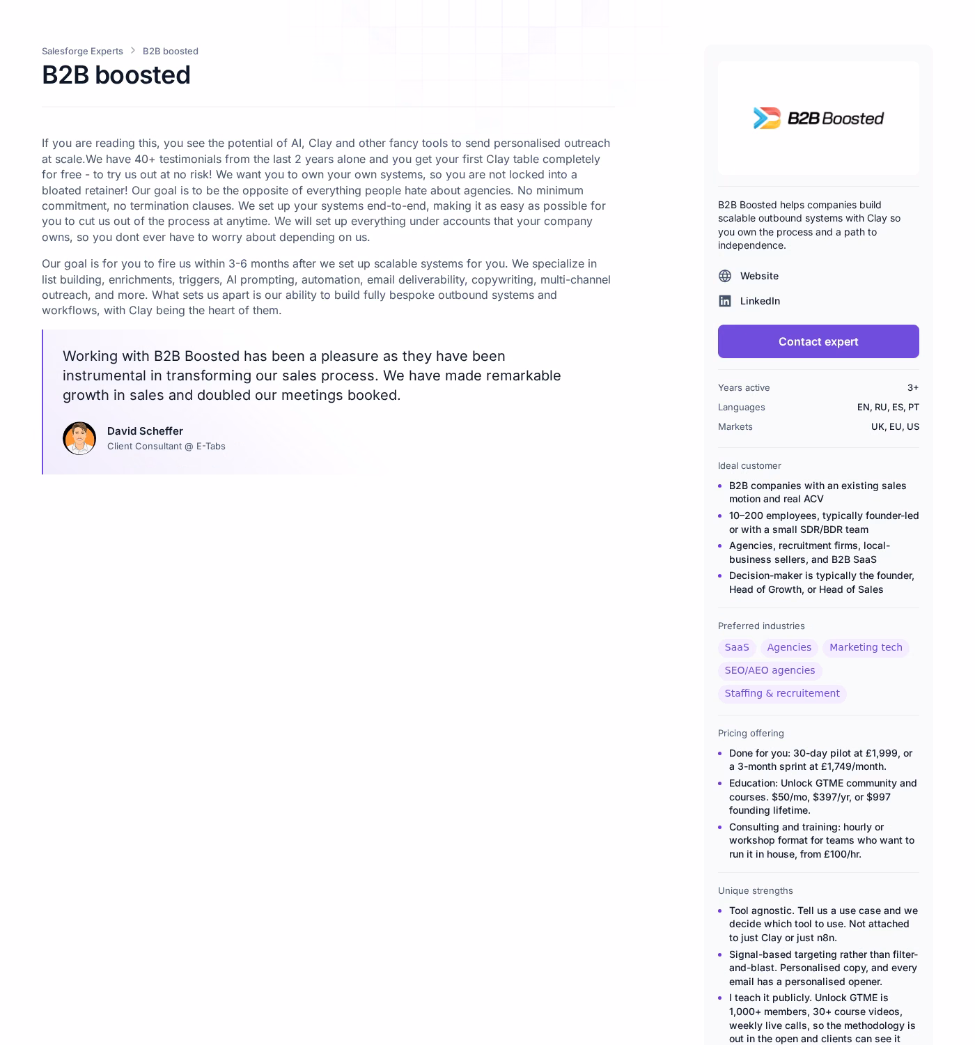 B2B Boosted Forge Expert profile showing published pilot and sprint pricing and a named client testimonial