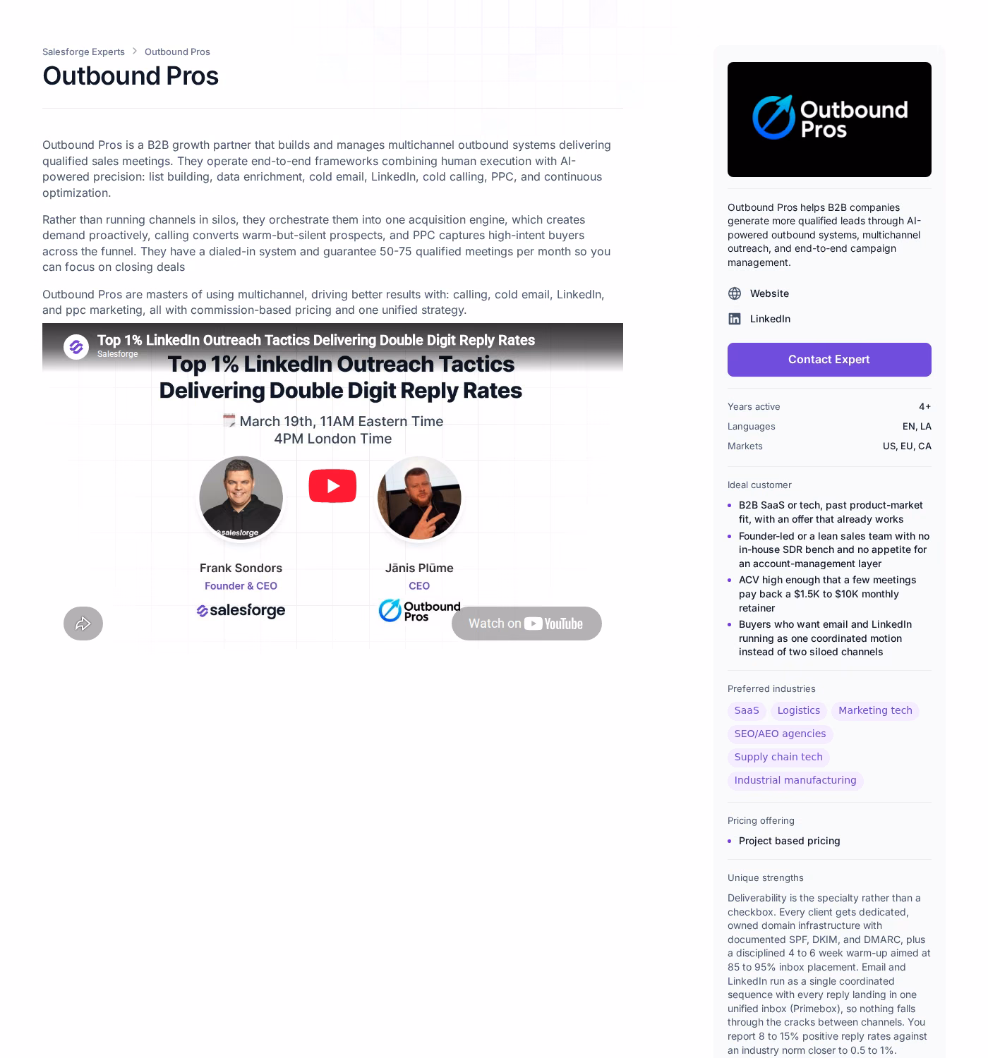 Outbound Pros Forge Expert profile showing the 50 to 75 qualified meetings per month guarantee, markets, and pricing