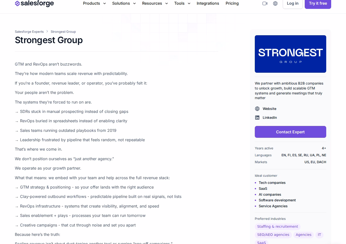 Strongest Group Forge Expert profile on salesforge.ai showing description, markets US EU DACH, languages, and pay per realised meeting pricing