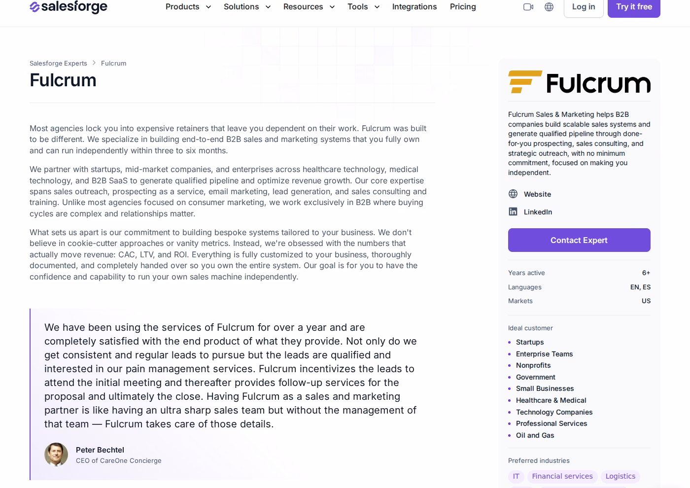 Fulcrum Forge Expert profile on salesforge.ai describing owned sales systems, no minimum commitment, US market, and a testimonial from Peter Bechtel of CareOne Concierge