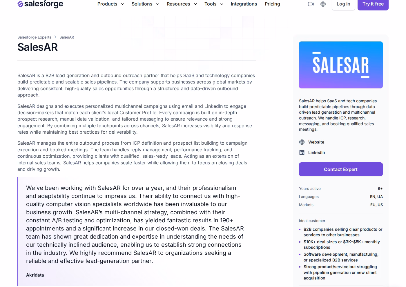 SalesAR Forge Expert profile on salesforge.ai with client testimonial from Akridata reporting 190+ appointments and sidebar showing 6+ years, EU and US markets