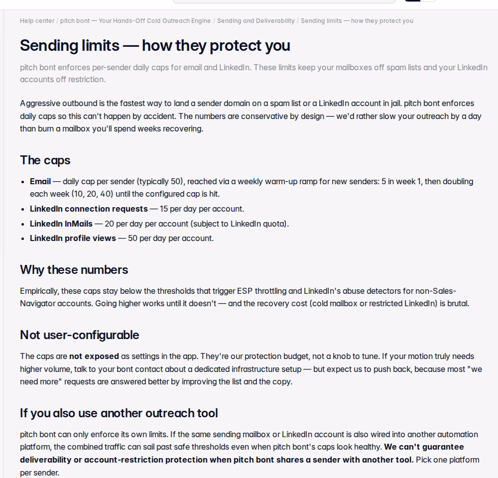 bont help center article on sending limits: 50 emails a day per sender, weekly warm-up ramp, 15 LinkedIn connection requests a day