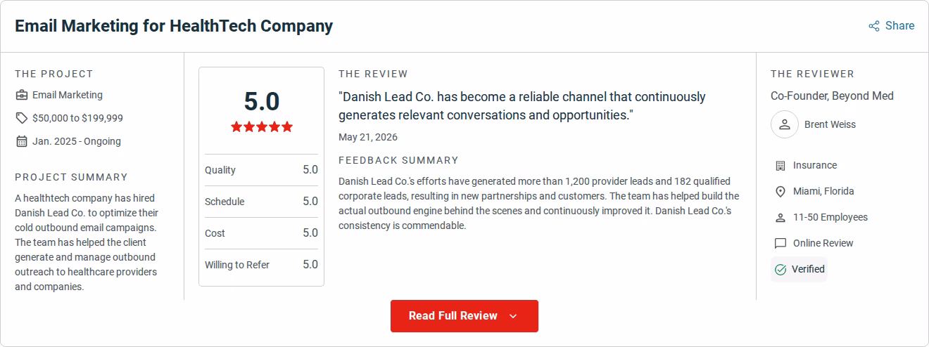 Verified Clutch review of Danish Lead Co. from Beyond Med co-founder Brent Weiss, May 21 2026, rated 5.0