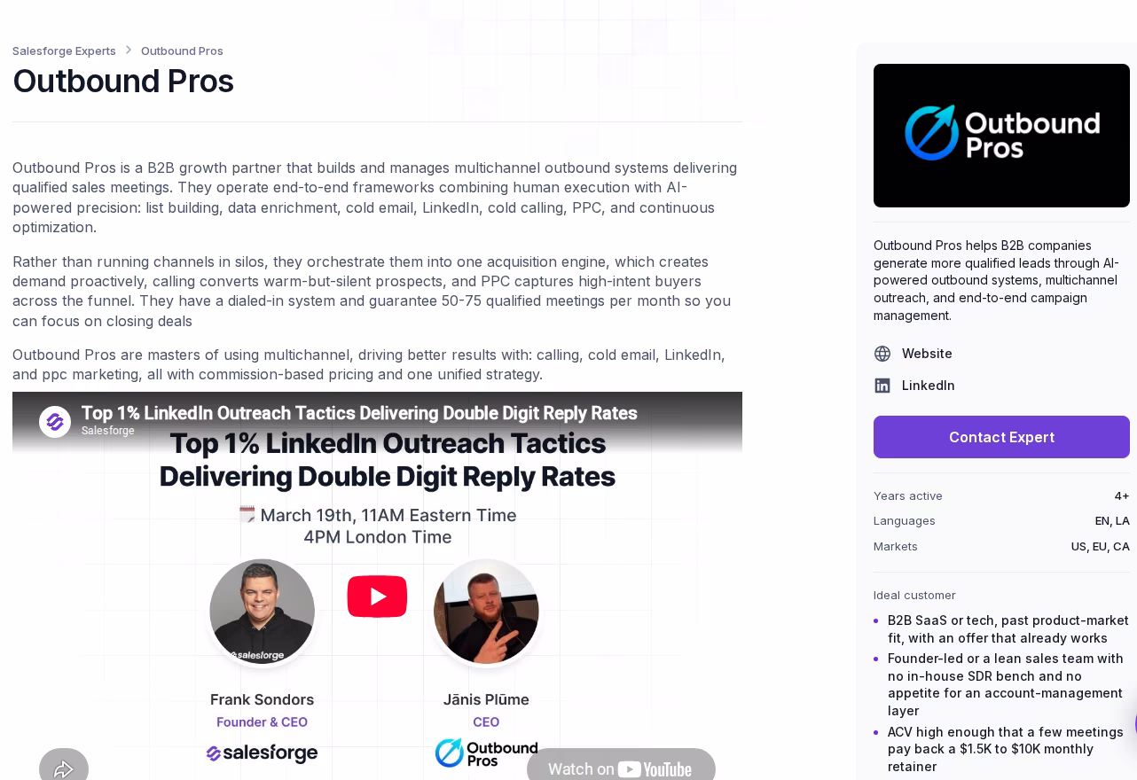 Outbound Pros profile page in the Salesforge Forge Expert directory showing services, markets and ideal customer