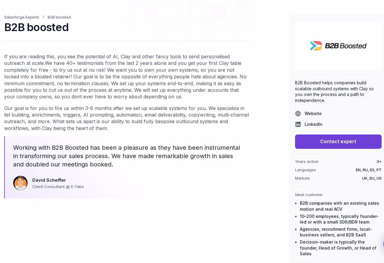 B2B Boosted profile page in the Salesforge Forge Expert directory describing client-owned systems and pricing