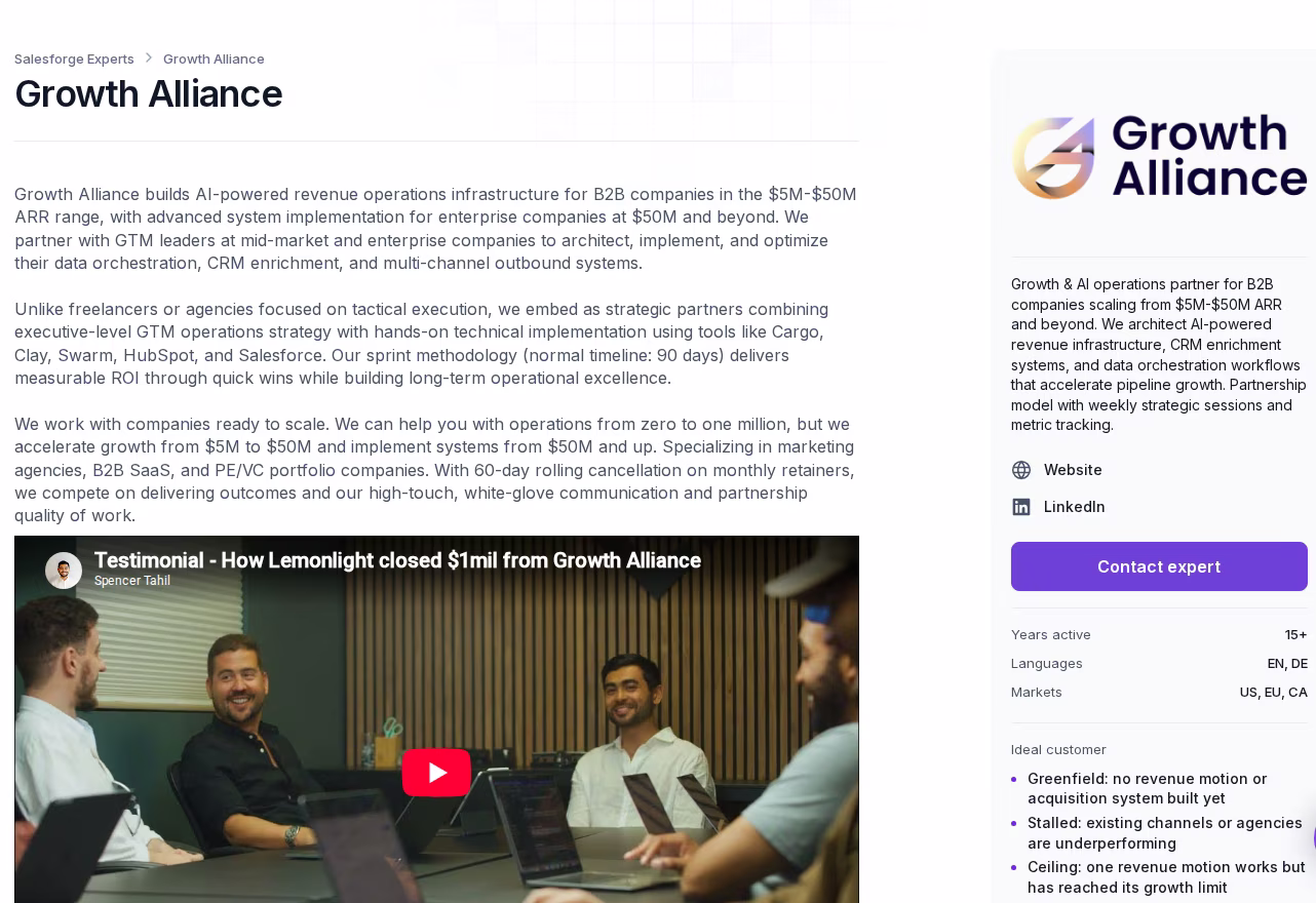 Growth Alliance profile page in the Salesforge Forge Expert directory showing its embedded partnership model and pricing