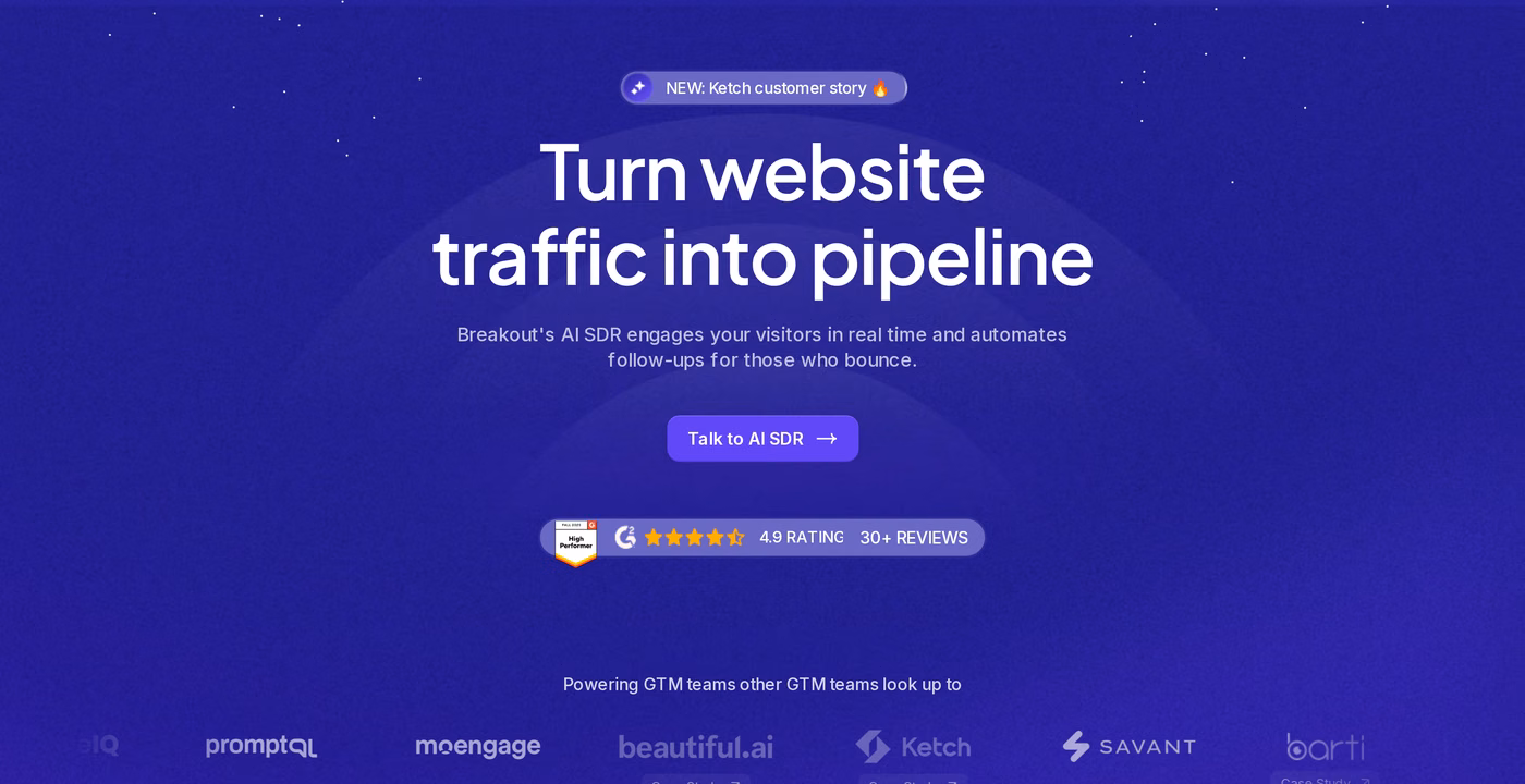 Breakout homepage headline reading Turn website traffic into pipeline, with a G2 badge showing 4.9 rating and 30+ reviews