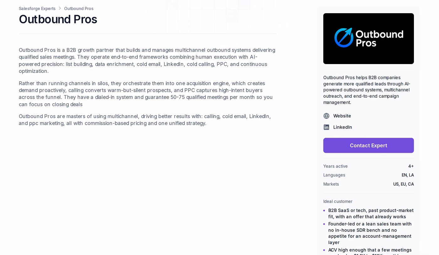 Outbound Pros profile page in the Salesforge Forge Expert directory