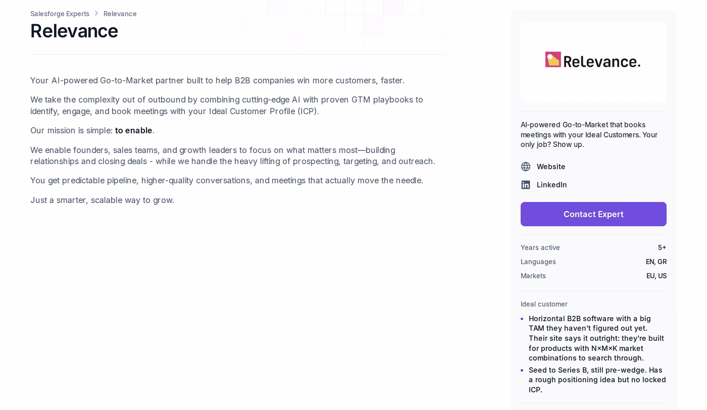 Relevance profile page in the Salesforge Forge Expert directory