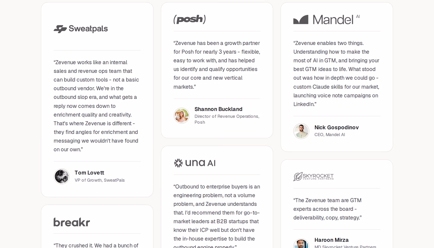 Zevenue testimonials page showing named client quotes from SweatPals, Una AI and Skyrocket Venture Partners