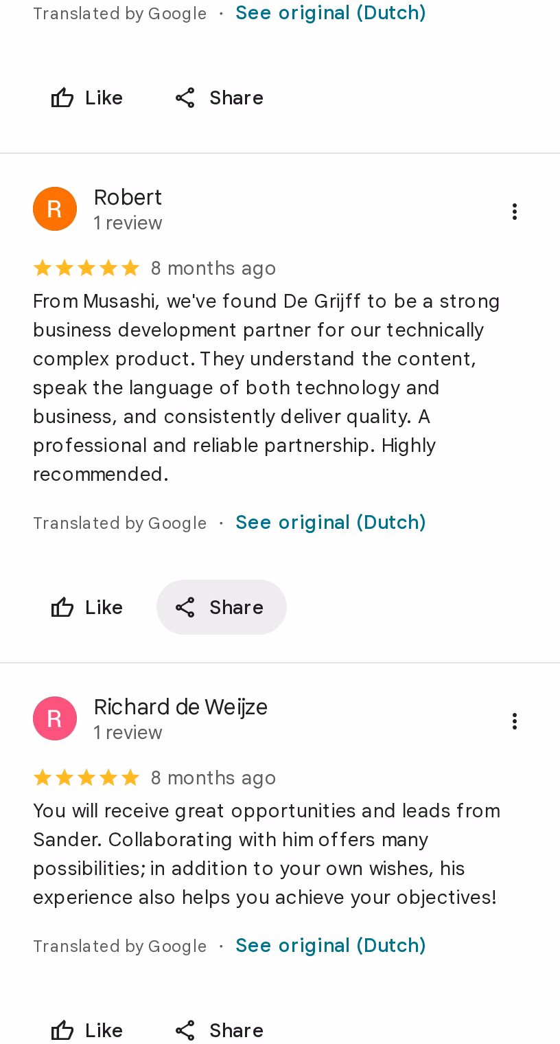 Two five-star Google reviews of De Grijff B.V. from Robert of Musashi and Richard de Weijze, both posted eight months ago