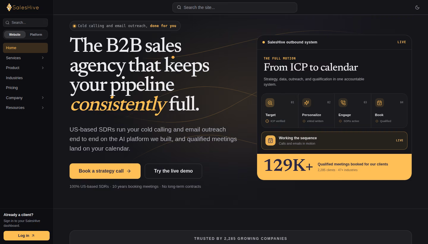 SalesHive homepage screenshot