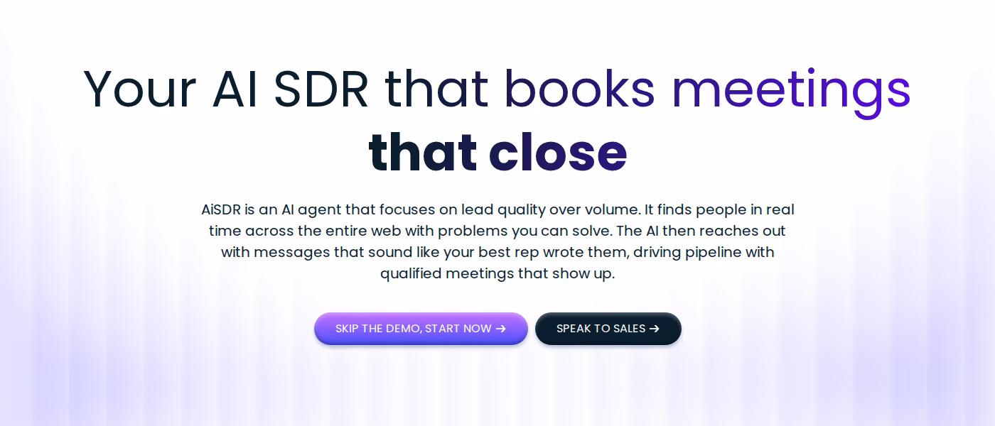 AiSDR homepage hero reading Your AI SDR that books meetings that close, captured October 2026
