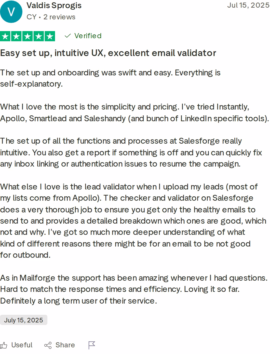 Verified 5-star Trustpilot review of Salesforge by Valdis Sprogis, July 15, 2025
