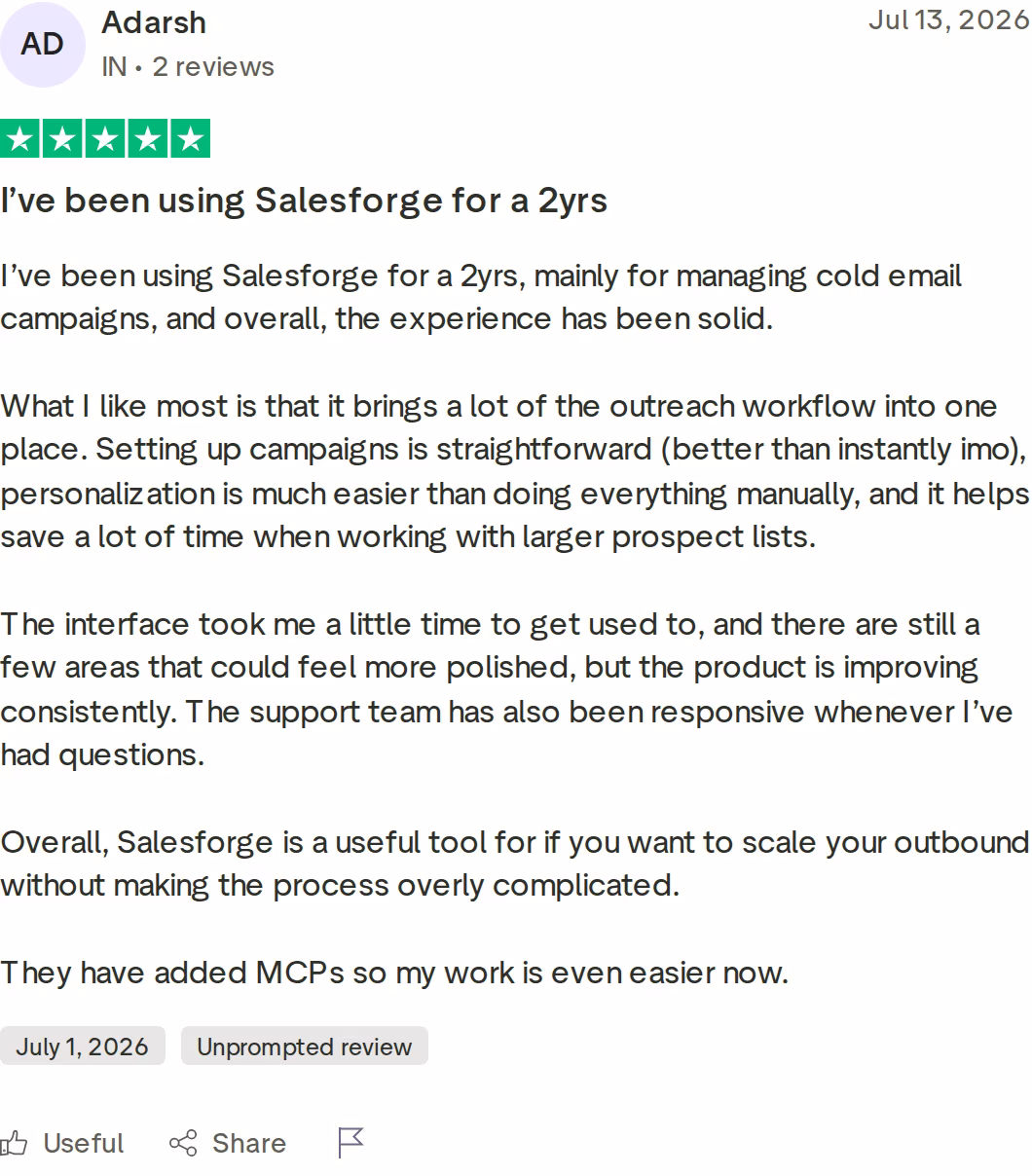 5-star Trustpilot review of Salesforge by Adarsh, July 13, 2026, mentioning MCP support