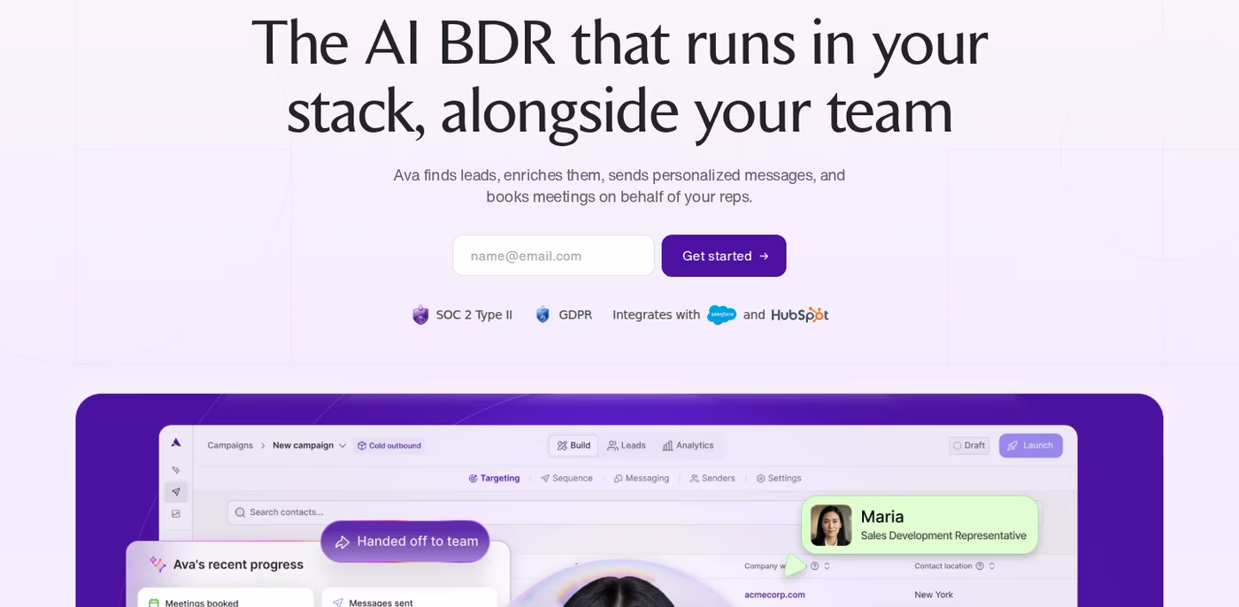 Artisan AI homepage hero: The AI BDR that runs in your stack, alongside your team