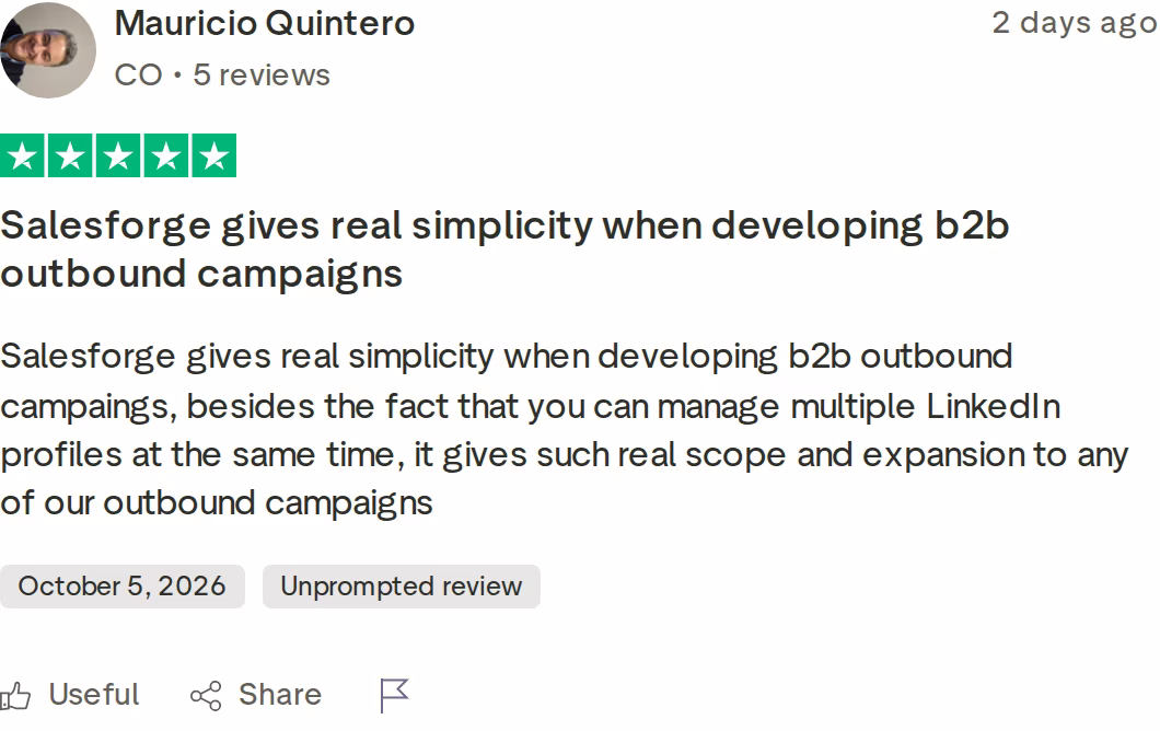 5-star Trustpilot review of Salesforge by Mauricio Quintero, October 5, 2026, about managing multiple LinkedIn profiles