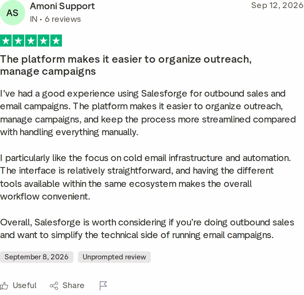 5-star Trustpilot review of Salesforge by Amoni Support, September 12, 2026