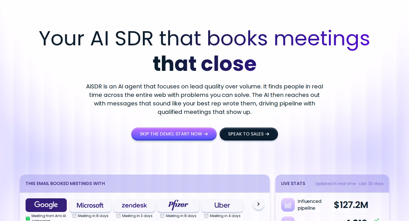 AiSDR homepage hero: Your AI SDR that books meetings that close