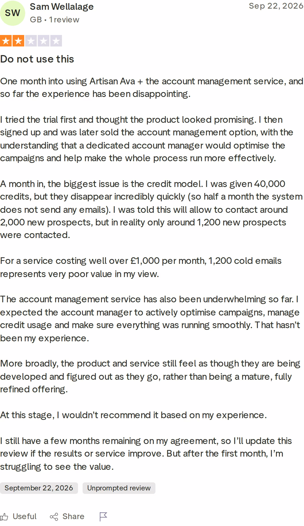 2-star Trustpilot review of Artisan by Sam Wellalage, September 22, 2026, about credits running out mid-month