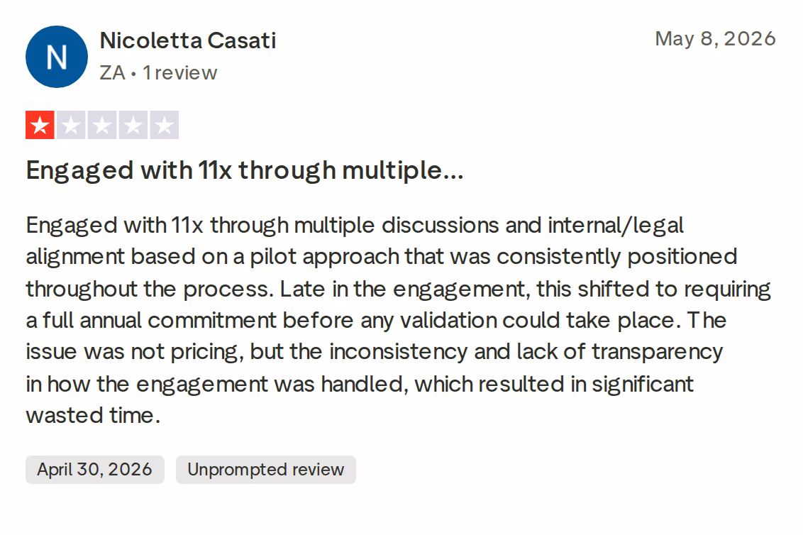 1-star Trustpilot review of 11x by Nicoletta Casati, May 8, 2026, saying a pilot shifted to a full annual commitment