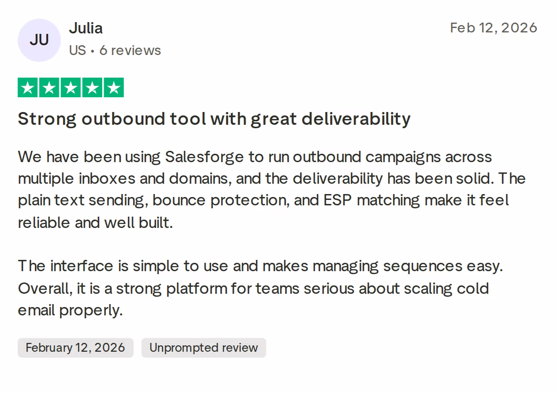 5-star Trustpilot review of Salesforge by Julia, February 12, 2026, praising deliverability, plain text sending, bounce protection, and ESP matching