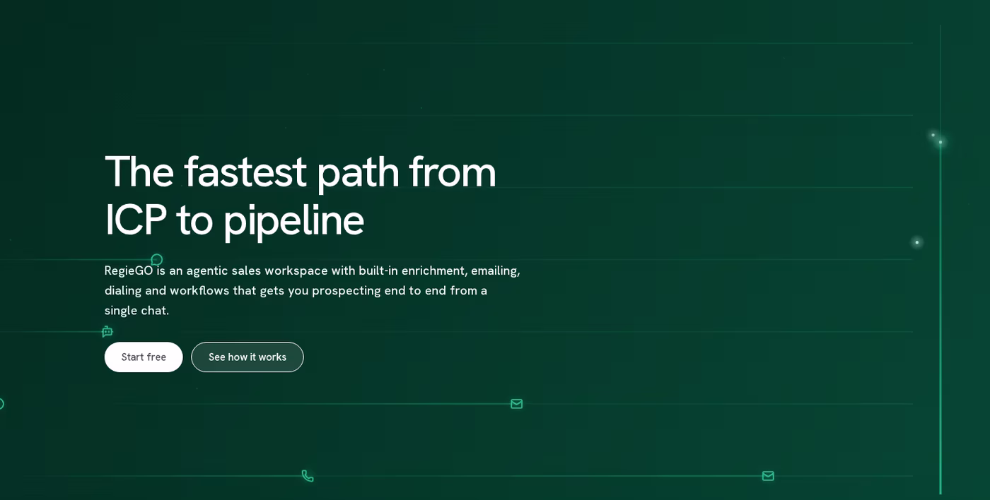Regie.ai homepage hero for RegieGO with the headline "The fastest path from ICP to pipeline"