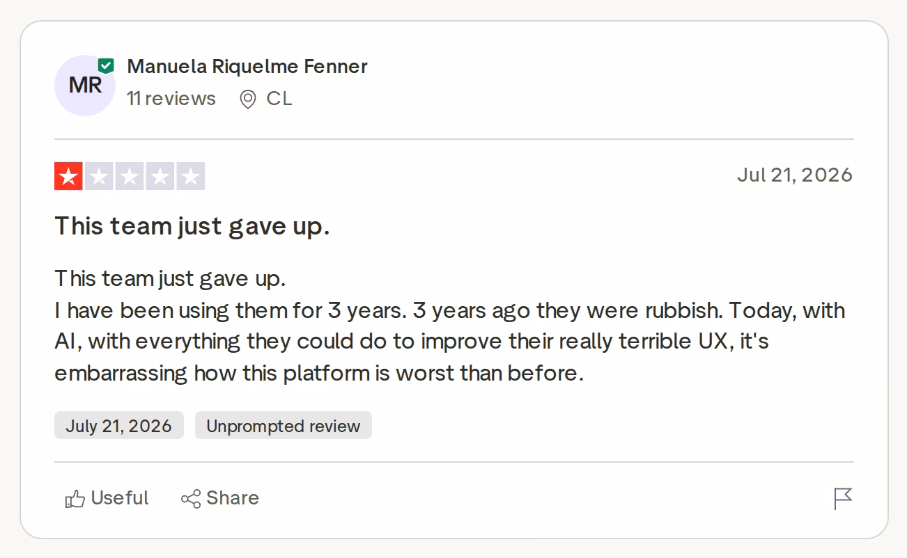 One-star Trustpilot review of Outreach by Manuela Riquelme Fenner, July 21, 2026, saying the platform's UX is worse than before