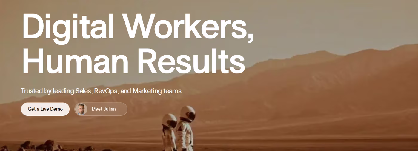 11x.ai homepage hero reading Digital Workers, Human Results, with Get a Live Demo and Meet Julian buttons