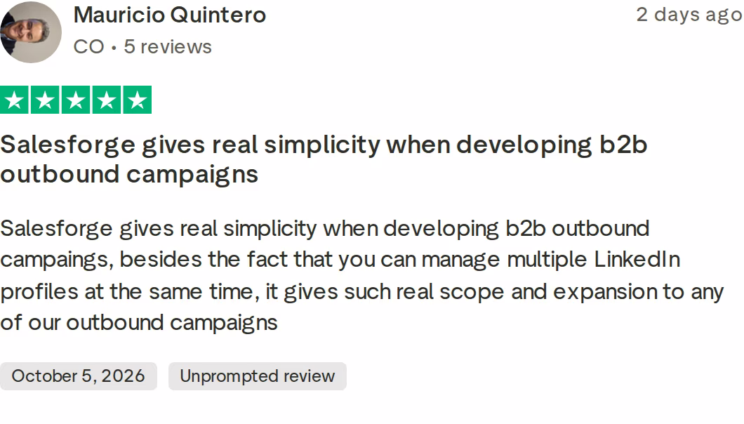 5-star Trustpilot review of Salesforge by Mauricio Quintero, October 5, 2026, praising simple B2B outbound campaigns and managing multiple LinkedIn profiles at once