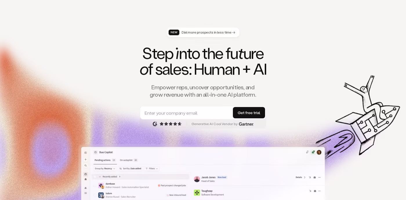 Amplemarket homepage hero reading Step into the future of sales: Human + AI, captured October 7, 2026