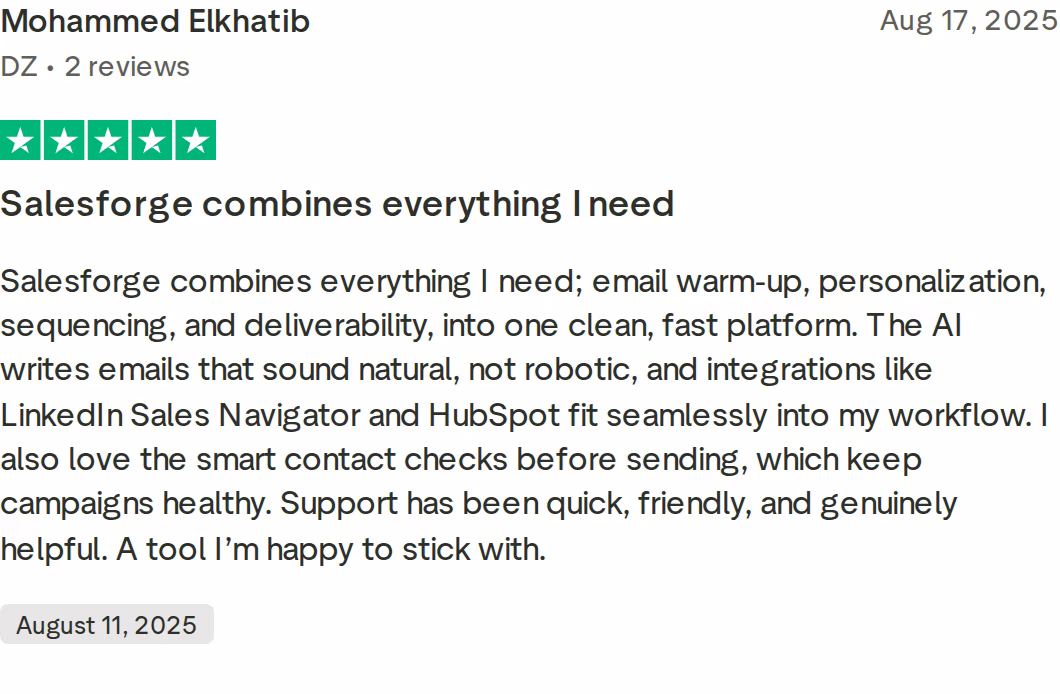 Verified 5-star Trustpilot review of Salesforge by Mohammed Elkhatib, August 17, 2025, praising warm-up, personalization, sequencing, deliverability, and support in one platform