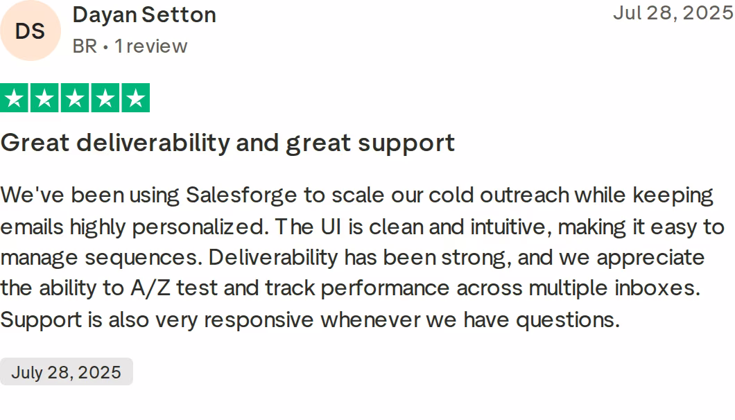 Verified 5-star Trustpilot review of Salesforge by Dayan Setton, July 28, 2025, praising deliverability, personalized emails, testing across inboxes, and responsive support