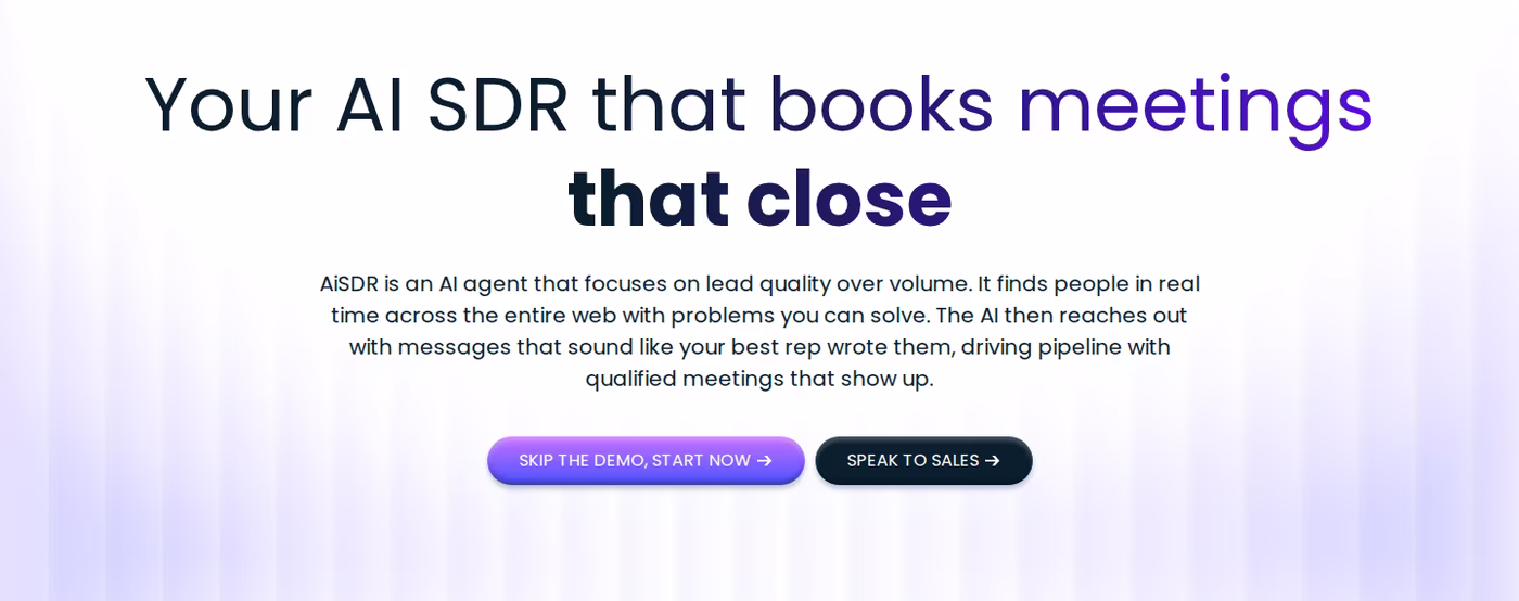 AiSDR homepage hero reading Your AI SDR that books meetings that close, captured October 7, 2026