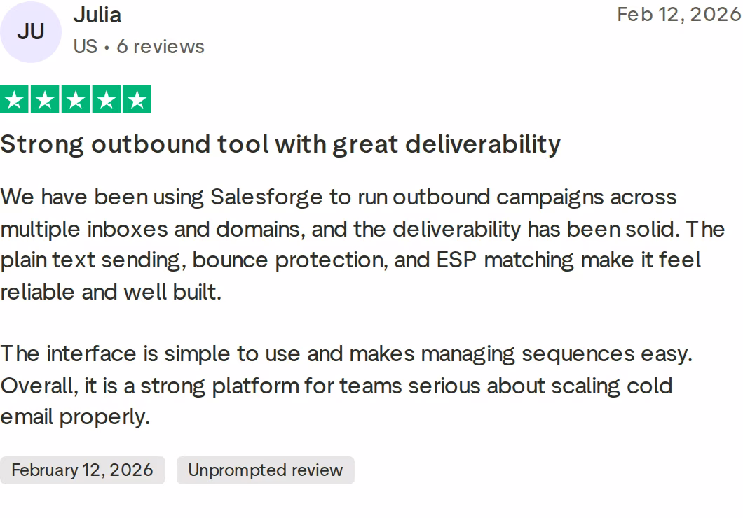 5-star Trustpilot review of Salesforge by Julia, February 12, 2026, praising deliverability across multiple inboxes and domains, plain text sending, bounce protection, and ESP matching