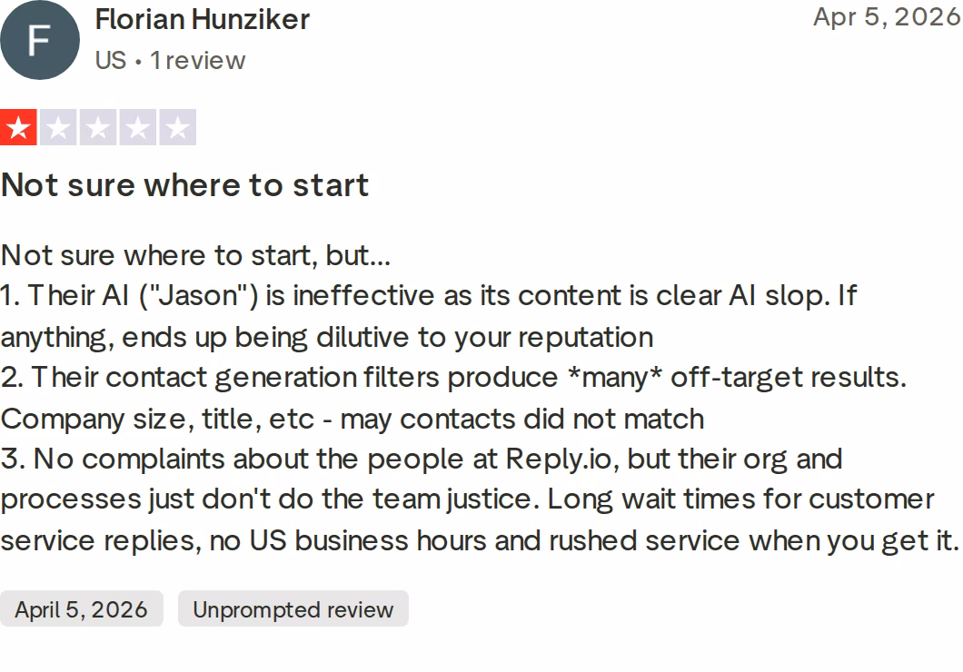 1-star Trustpilot review of Reply.io by Florian Hunziker, April 5, 2026, criticizing Jason AI's message quality, off-target contact filters, and slow support replies