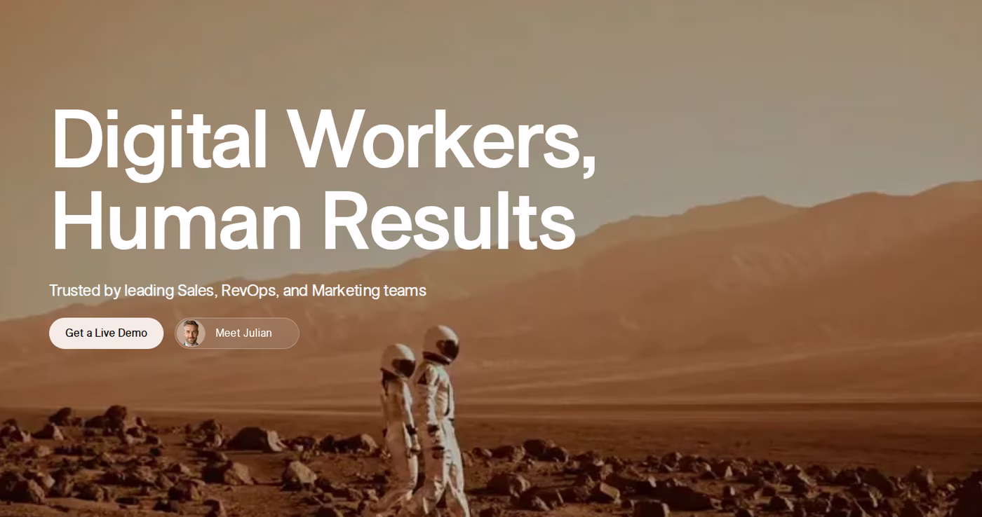 11x.ai homepage hero reading Digital Workers, Human Results, with a Get a Live Demo button