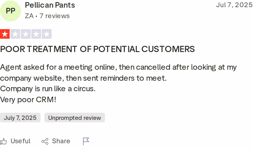 1-star Trustpilot review of Unify by Pellican Pants, July 7, 2025, describing a cancelled meeting followed by meeting reminders