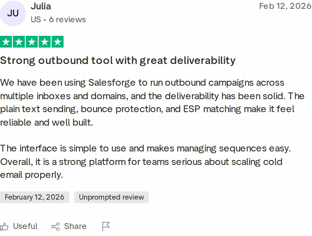 5-star Trustpilot review of Salesforge by Julia, February 12, 2026, praising deliverability, plain text sending, bounce protection, and ESP matching