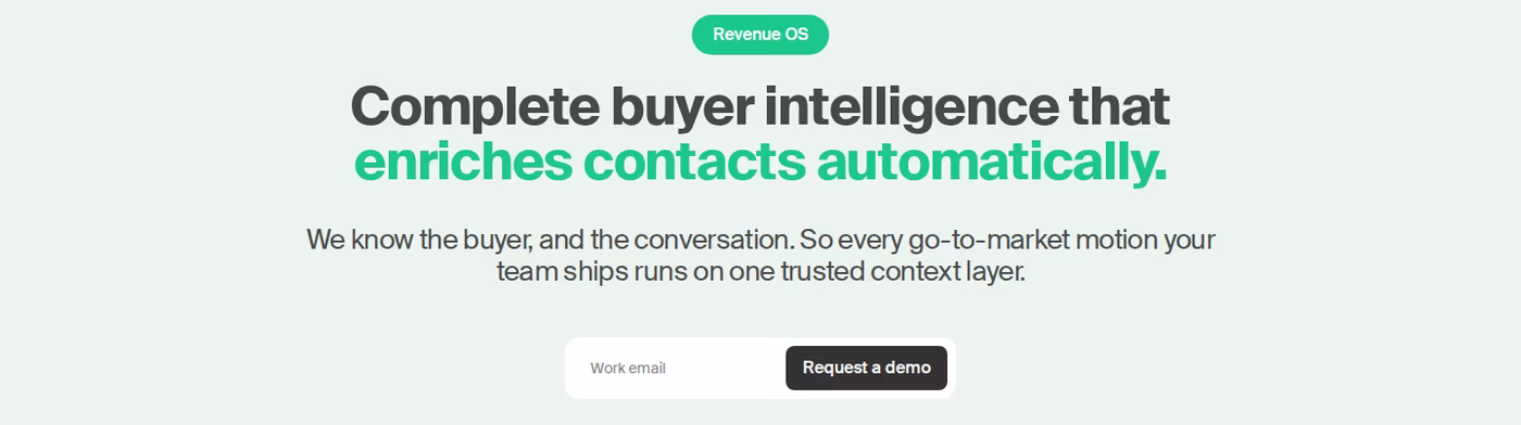 Common Room homepage hero with a Revenue OS label and the headline Complete buyer intelligence that enriches contacts automatically