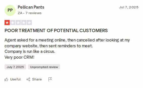 1-star Trustpilot review of Unify by Pellican Pants on July 7, 2025, titled Poor treatment of potential customers