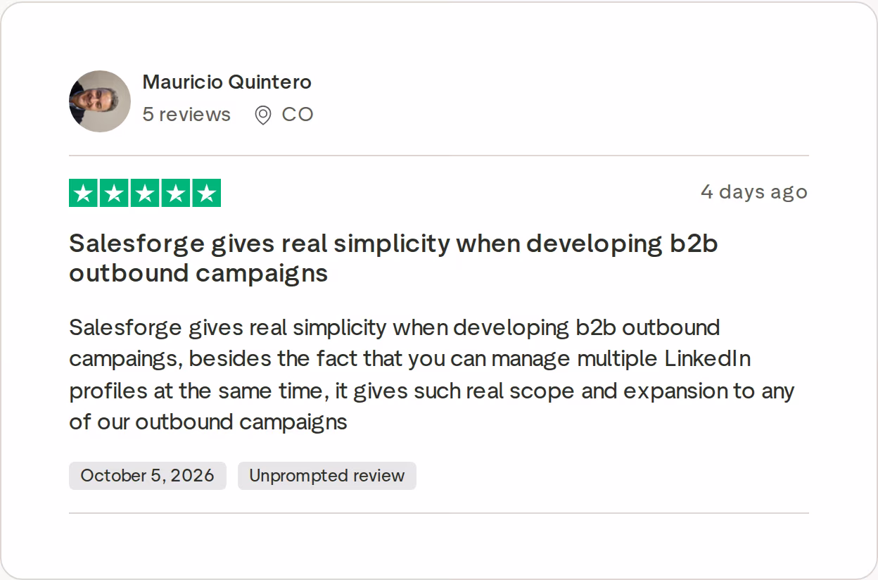 5-star Trustpilot review of Salesforge by Mauricio Quintero, October 5, 2026, praising management of multiple LinkedIn profiles