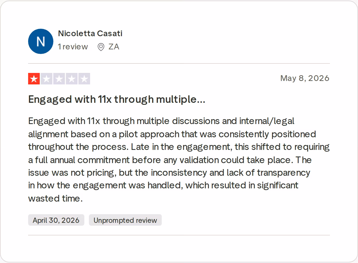 1-star Trustpilot review of 11x by Nicoletta Casati, May 8, 2026, saying a pilot turned into a required annual commitment