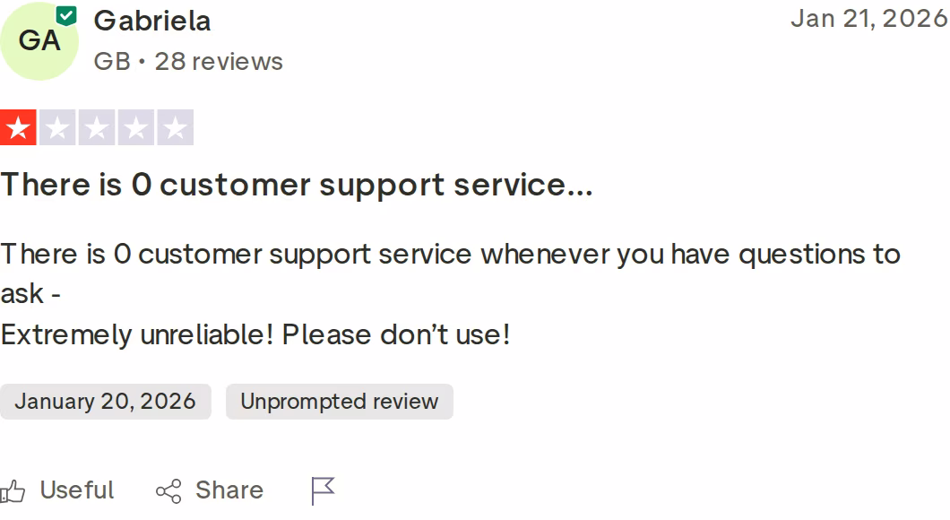 1-star Trustpilot review of Relevance AI by Gabriela, January 21, 2026, saying there is zero customer support