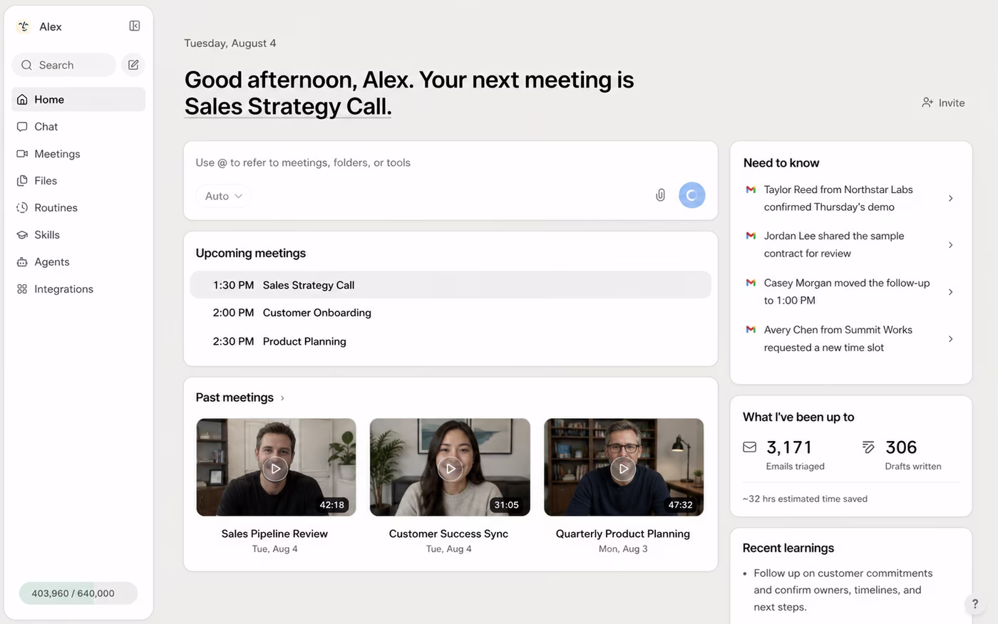 Lindy app Home page showing a greeting, a chat box, upcoming meetings, past meeting recordings, and counts of emails triaged and drafts written
