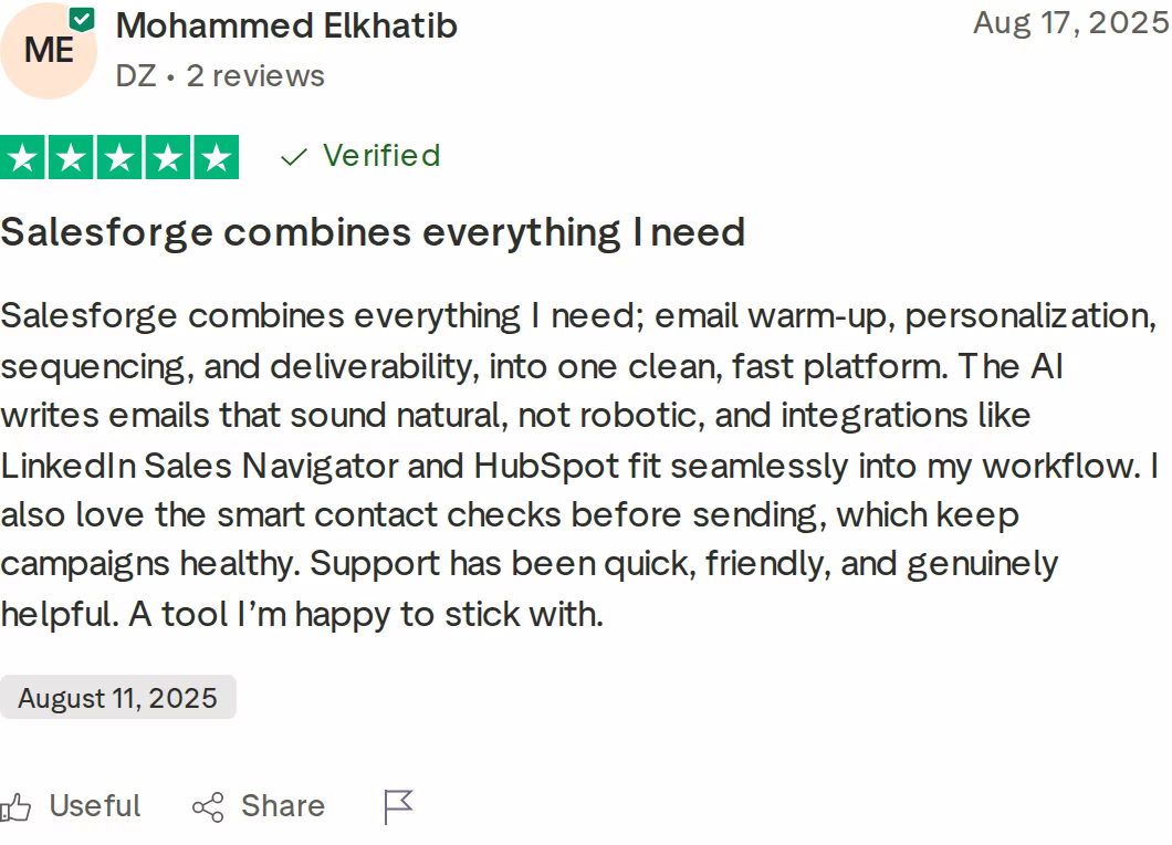 Verified 5-star Trustpilot review of Salesforge by Mohammed Elkhatib, August 17, 2025, praising warm-up, AI-written emails, and deliverability in one platform
