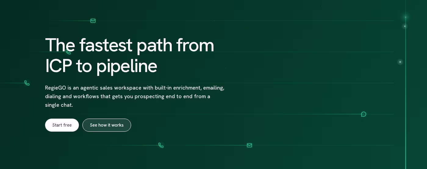 Regie.ai homepage hero reading The fastest path from ICP to pipeline, with Start free and See how it works buttons