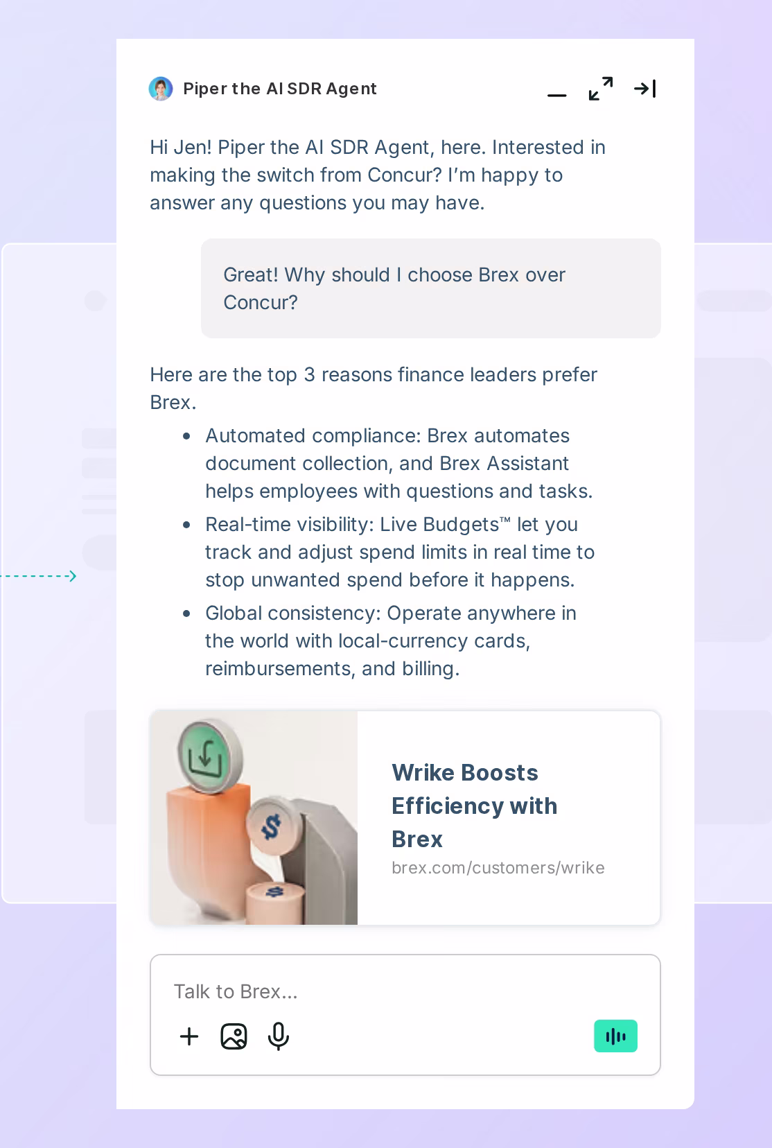 Piper chat window answering a website visitor who asks why to choose Brex over Concur, with three reasons and a customer story card